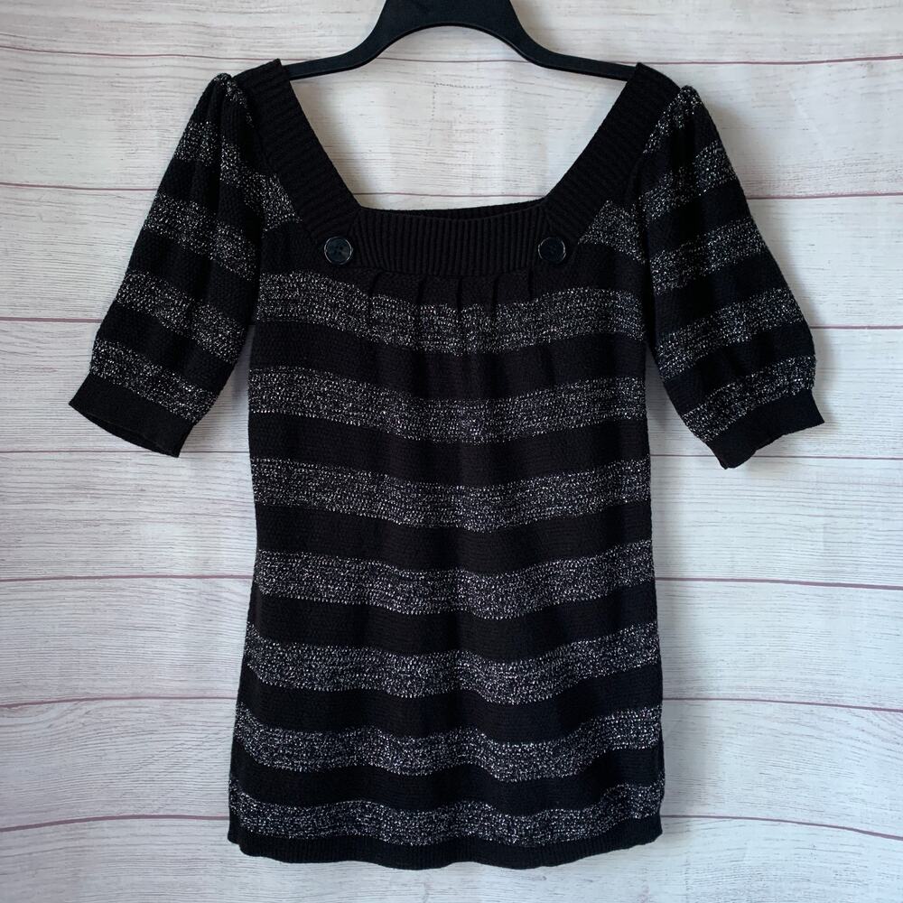 Sweater Project Black and Metallic Silver Striped Sweater Square Neck Size S